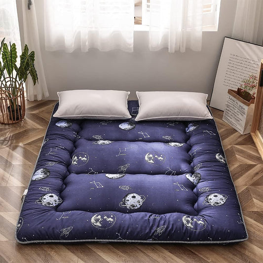 Navy Space Adventure Japanese Floor Futon Mattress, Thicken Tatami Mat Sleeping Pad Foldable Bed Roll Up Mattress Floor Lounger Bed Couches and Sofas for Kids Full Size