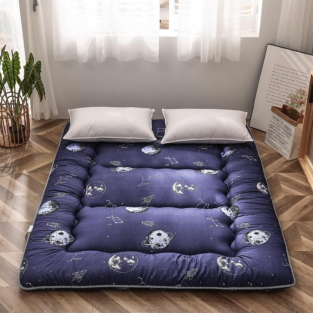 Navy Space Adventure Japanese Floor Futon Mattress, Thicken Tatami Mat Sleeping Pad Foldable Bed Roll Up Mattress Floor Lounger Bed Couches and Sofas for Kids Twin Size