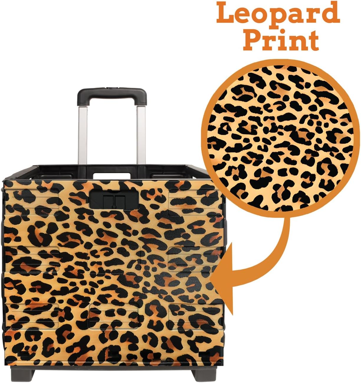 Inspired Living Ultra-Slim Rolling Collapsible Storage Pack-N-Roll Utility-carts, with Telescopic Handle, for Home, Garden, Shopping, Office, School use, Large, Leopard