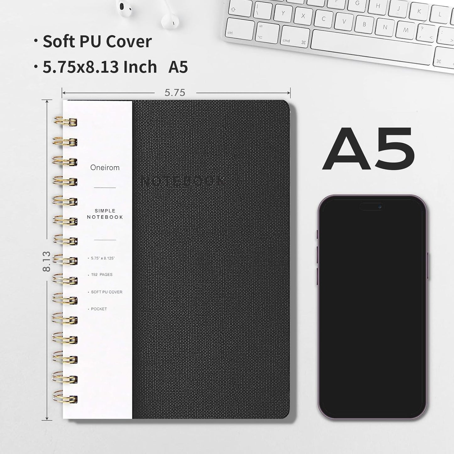 Lined Spiral Notebook College Ruled A5 Journal Book for Note Taking, 160 Pages Writing Journal for Office and Home School Supplies 5.75x8.125 inch (3pack-Black)