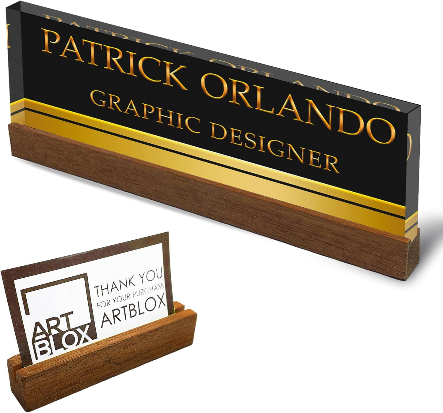 Artblox Personalized Office Desk Name Plate With Business Card Holder | Clear Acrylic Glass with Teak Wood Stand | Black Gold Stripe Design Customized with Your Name and Credentials Office Desk Décor
