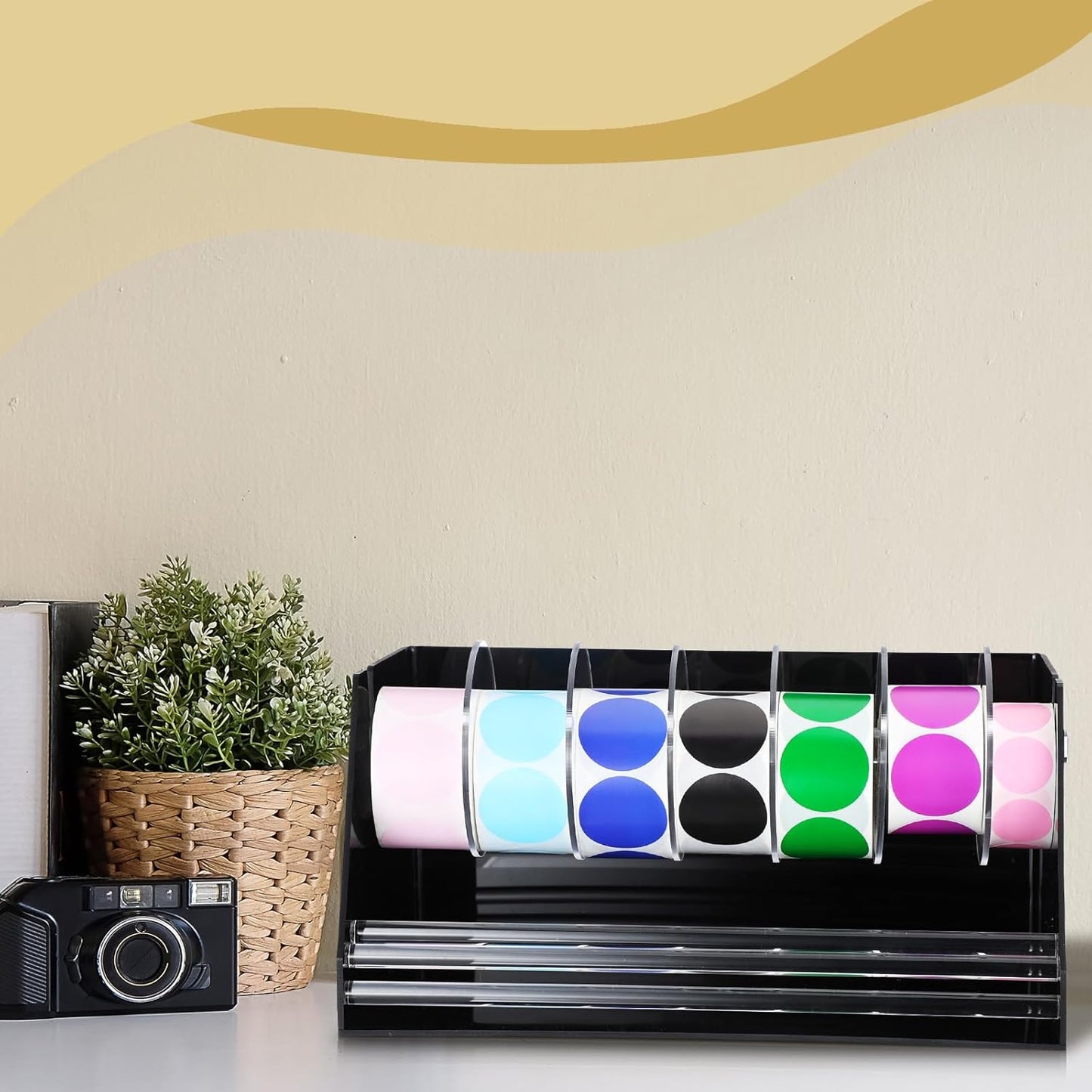 Adjustable Label Dispenser Acrylic Sticker Roll Dispenser Label Roll Holder Multi Use Sticker Holder Organizer Stand for School Gifts and Home Office Desktop(7 Disks)