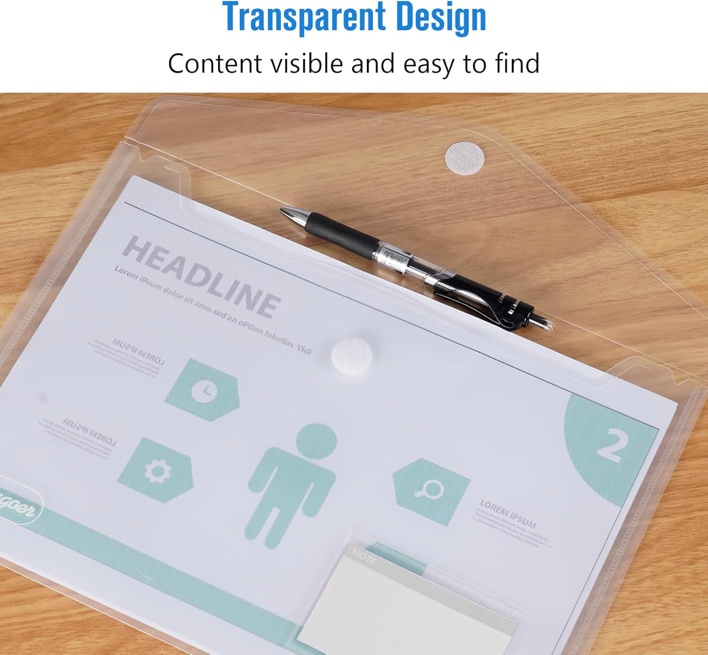 25 Pack Transparent Plastic Envelopes File Folders, A4 Letter Size, Clear Document Folder, Poly Envelopes with Label Pockets, Hook & Loop Closure for School Home Work Office Organizer