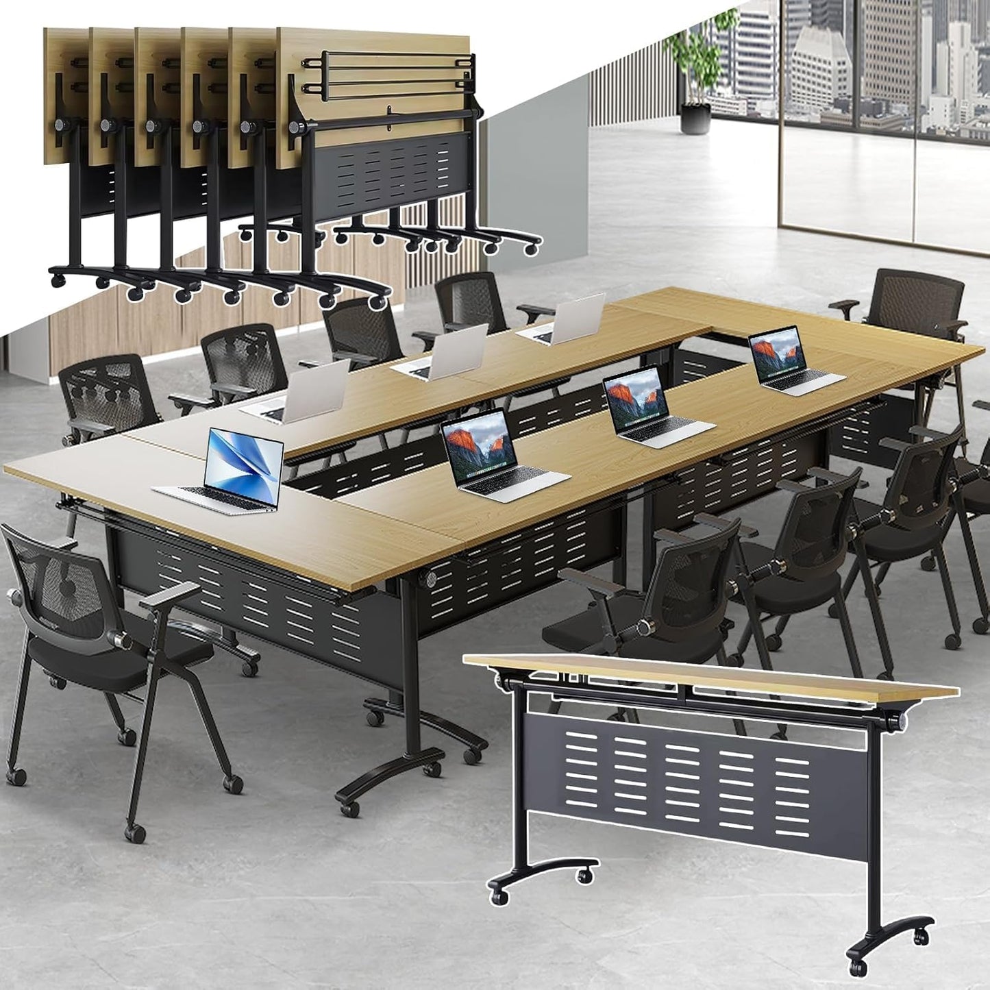 Folding Conference Table - Modular Conference Room Tables Foldable & Stackable Boardroom Table with Casters | Large Rectangle Office Meeting Table for Training Rooms (6PCS-55.1in)