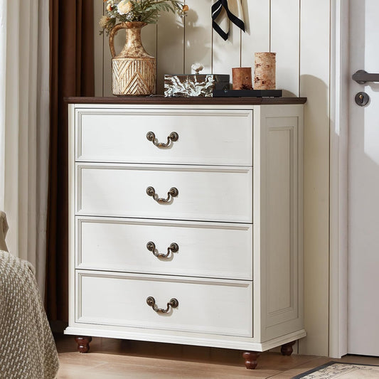 Farmhouse 4 Drawer Dresser for Bedroom, 37" Tall Rustic Chests of Drawers w/ 4 Solid Wood Feet, Mid Century Modern Wooden Closet Storage Dressers Organizer for Living Room, Hallway, White