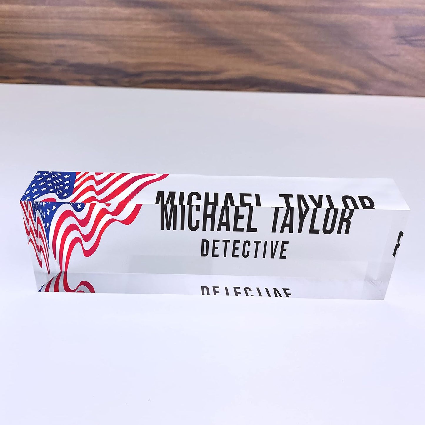 Artblox Office Desk Name Plate Personalized | Custom Name Plates for Desks | Us Flag Design On Clear Acrylic Glass | Office Desk Decor - (8" x 2.5")