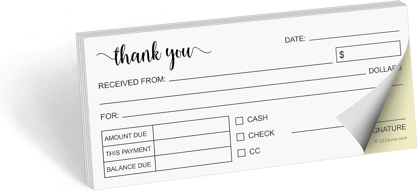 321Done 2-Part Carbonless Thank You Receipt Book, 2.75x6 Pocket Size, Made in USA, Cute Handheld Duplicate Copy Order Form for Craft Boutique Business (50 Sets) White/Yellow