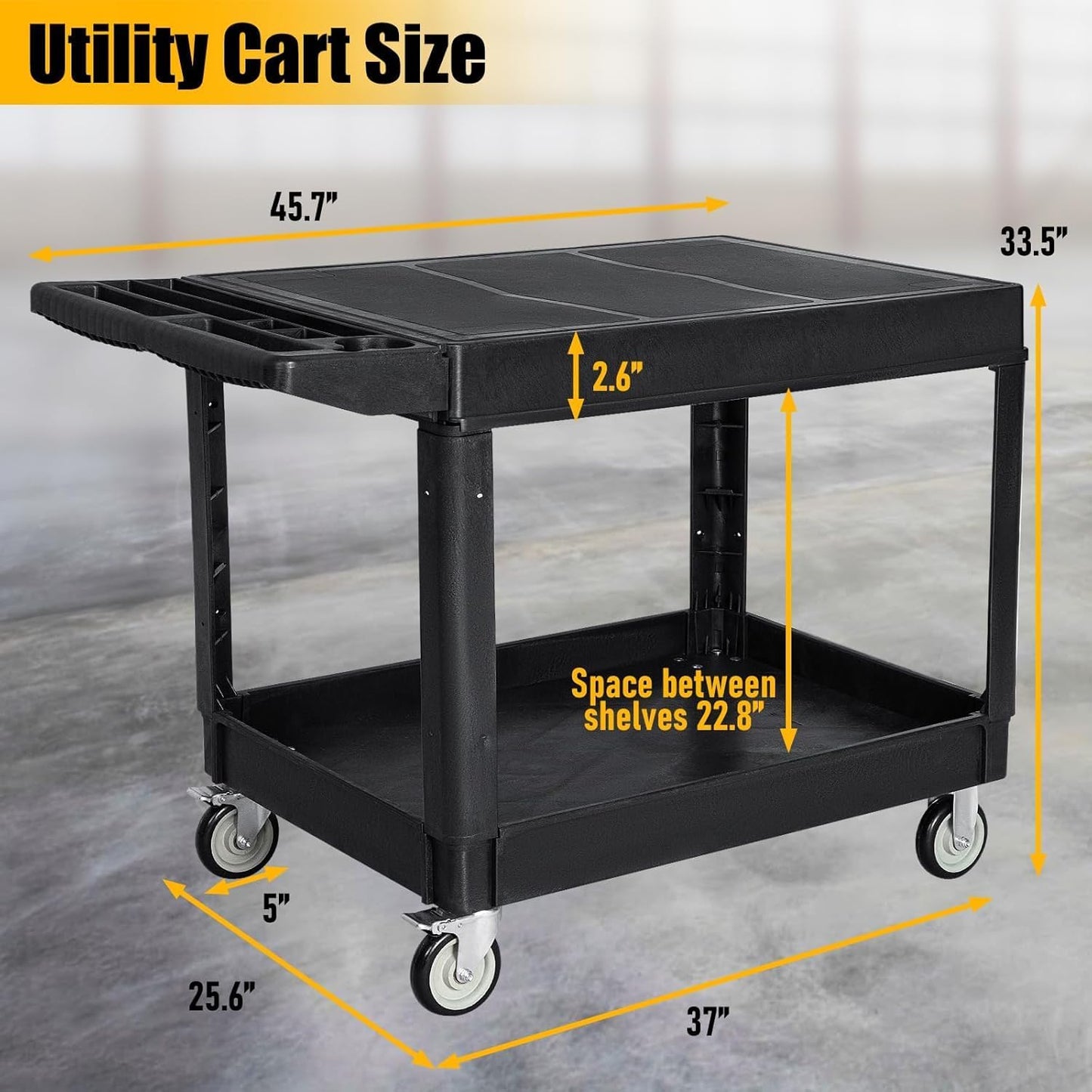 2 Tier Rolling Utility Cart on Wheels, 1000 lbs Capacity Flat Top Plastic Service Cart with Lipped Shelves, 46 x 26-Inch Heavy Duty Work Cart for Warehouse, Garage, Cleaning, Black