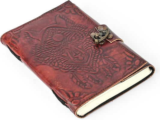 Aesthestic Wolf Embossed Vintage Leather Journal with Antique Clasp Lock – 200 White Page Antique Deckle Edge Leather Bound Notebook – 5"X7" Aesthetic Grimoire, Journal for Writing, Home, Office