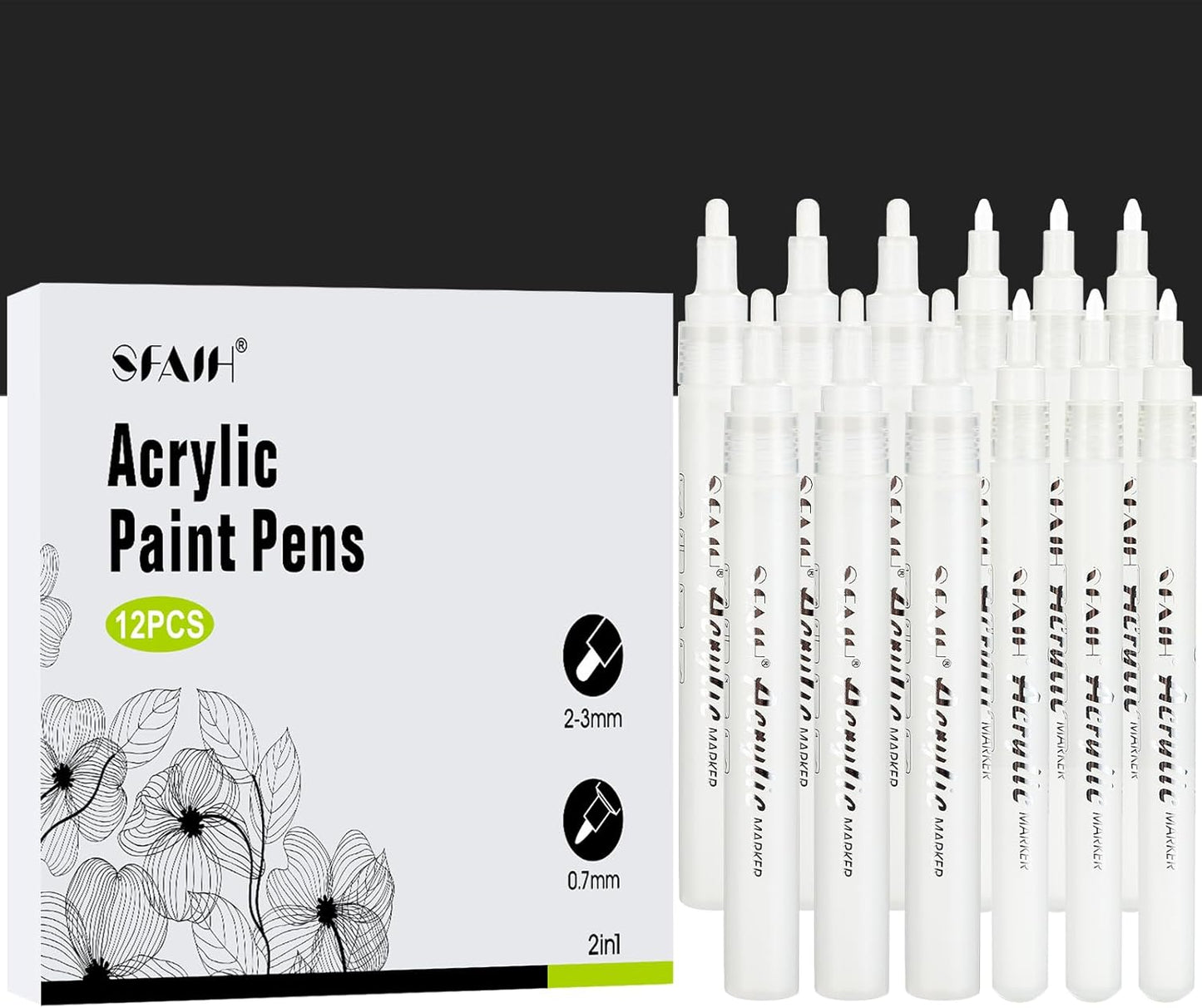 SFAIH White Paint Markers Paint Pens - 12 Pack Acrylic Permanent Marker for Rock Painting, Wood, Metal, Fabric, Plastic, Canvas, Glass, Ceramic, Art Projects, 2-3MM Medium Tip & 0.7mm Extra Fine Tip