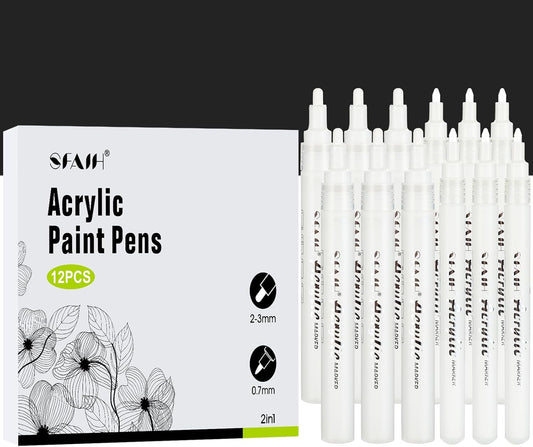 SFAIH White Paint Markers Paint Pens - 12 Pack Acrylic Permanent Marker for Rock Painting, Wood, Metal, Fabric, Plastic, Canvas, Glass, Ceramic, Art Projects, 2-3MM Medium Tip & 0.7mm Extra Fine Tip
