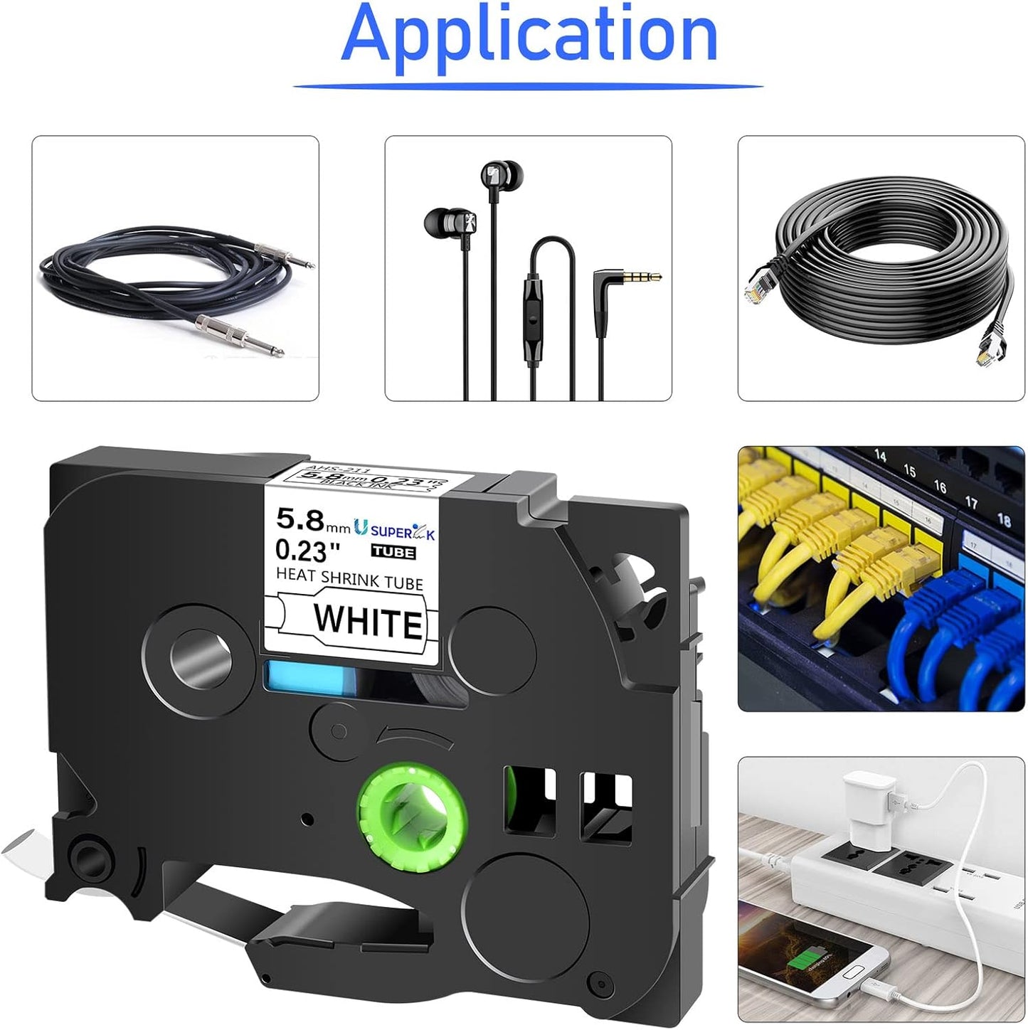 USUPERINK 5 Pack Compatible for Brother Ptouch HSe-211 HSe211 HS-211 HS211 Black on White (0.23''x 4.92ft) Heat Shrink Tube Label Tape use in PT-D400 PT-D450 PT-E300 PT-E500 H300 Label Maker