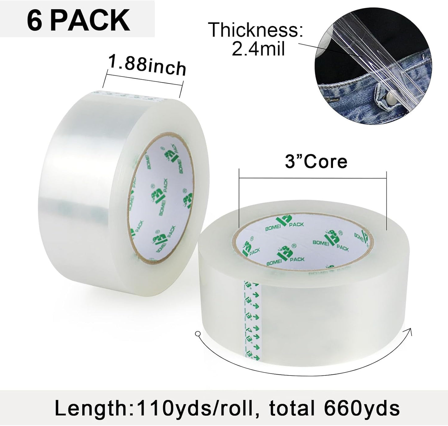 BOMEI PACK Silent Packing Tape, 2.4Mil x 1.88” x 110yds, Heavy Duty Clear Packaging Tape for Moving Boxes, 6 Rolls