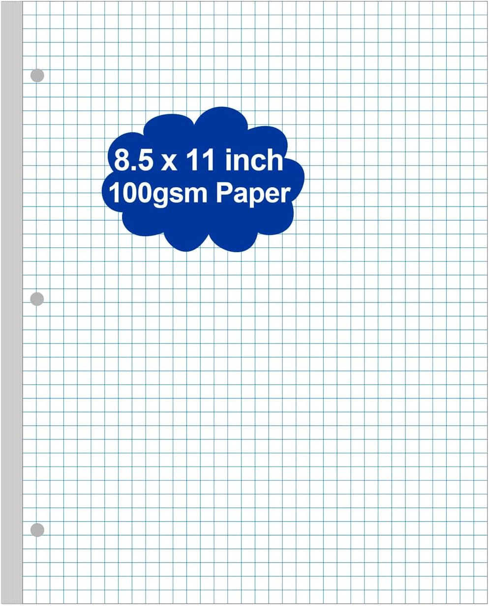 A4 Grid Filler Paper - 3 Hole Graph Paper, Letter Size 100Sheets / 200Pages Loose-Leaf Paper, 100gsm White Paper, 8.5'' x 11''