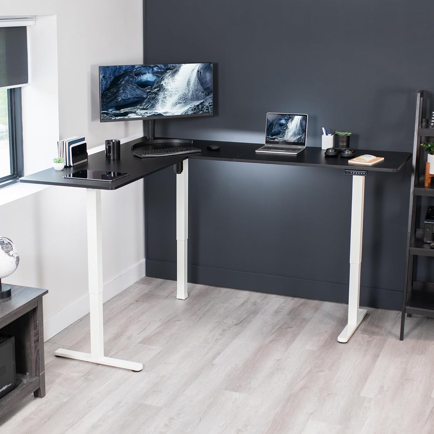 VIVO Electric Corner L-Shaped 75 x 63 in Standing Desk, Memory Height Adjustment, Black Top White Frame, DESK-E3CTWB-75
