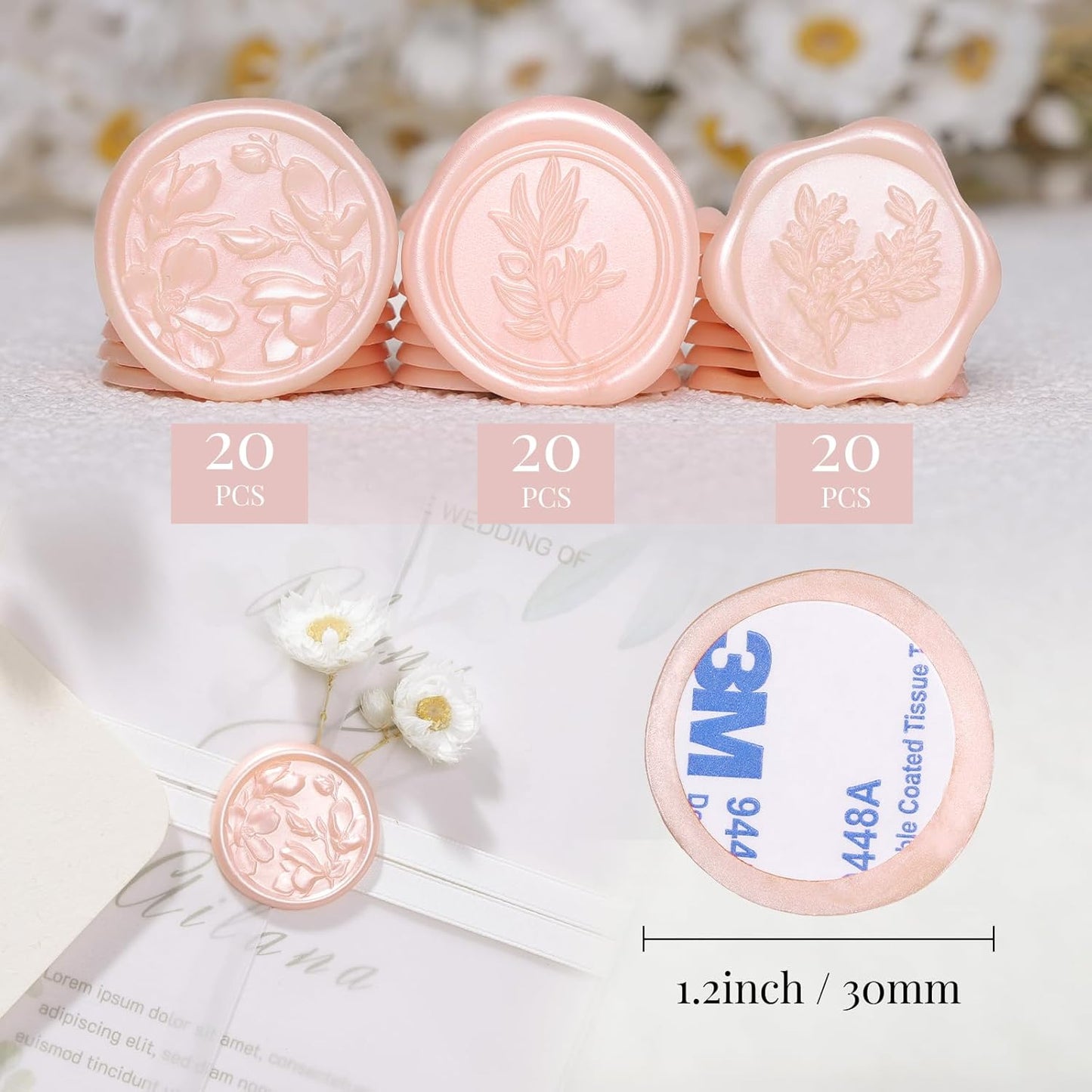 UNIQOOO Wax Seal Stickers - (3 Designs in 1 Pack) Wedding Invitation Envelope Seal Stickers, 60 Pcs Self-Adhesive Stickers, Perfect for Invitation, Christmas, Gift Wrapping