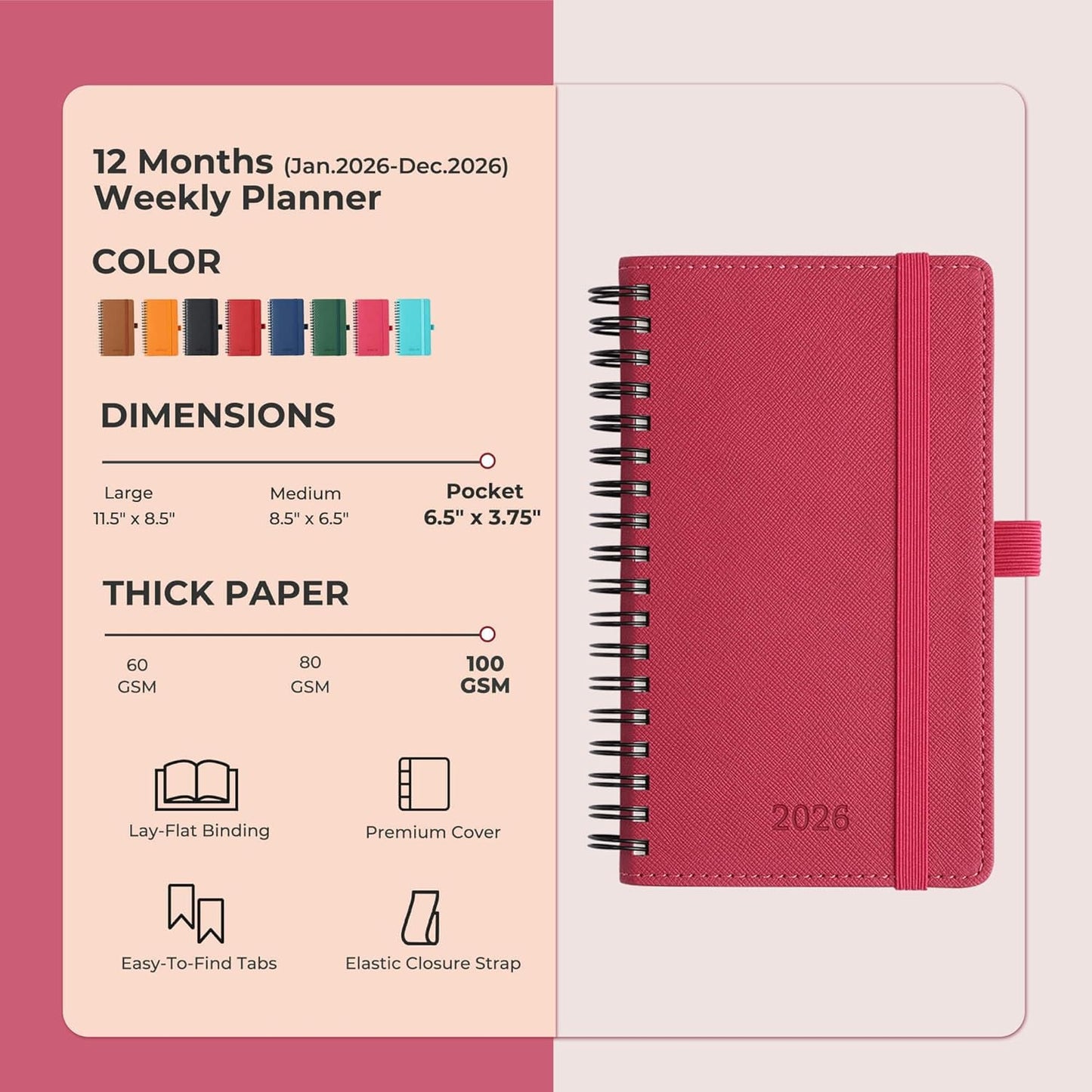 Planner 2026 Daily Weekly and Monthly,6.5"x3.75",12 Months Spiral Bound Calendar Agenda with Self-adhesive Pen Holder,2026 Appointment Book with Vegan Leather Soft Cover,Rose Red