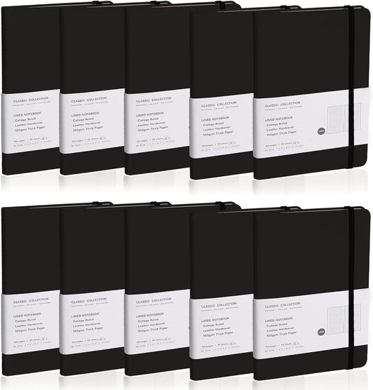 Lined Journal Notebook, 10Pack(Black), 160 Pages, Medium 5.7 inches x 8 inches - 100 gsm Thick Paper, Hardcover