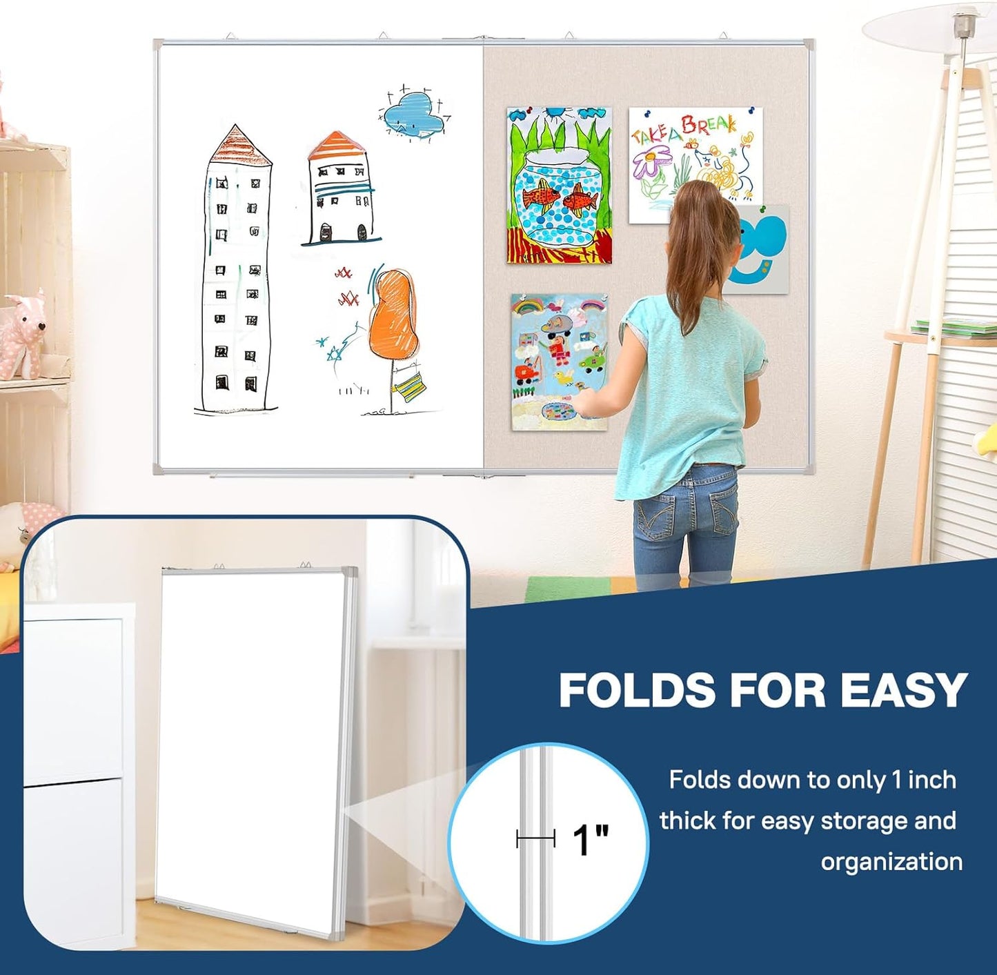 Large White Board Dry Erase Foldable Bulletin Board Combo, 60" x 40" Double Sided Dry Erase Board for Wall, Magnetic Whiteboard Bulletin Board with Linen for Office, Home, School, Kitchen -White