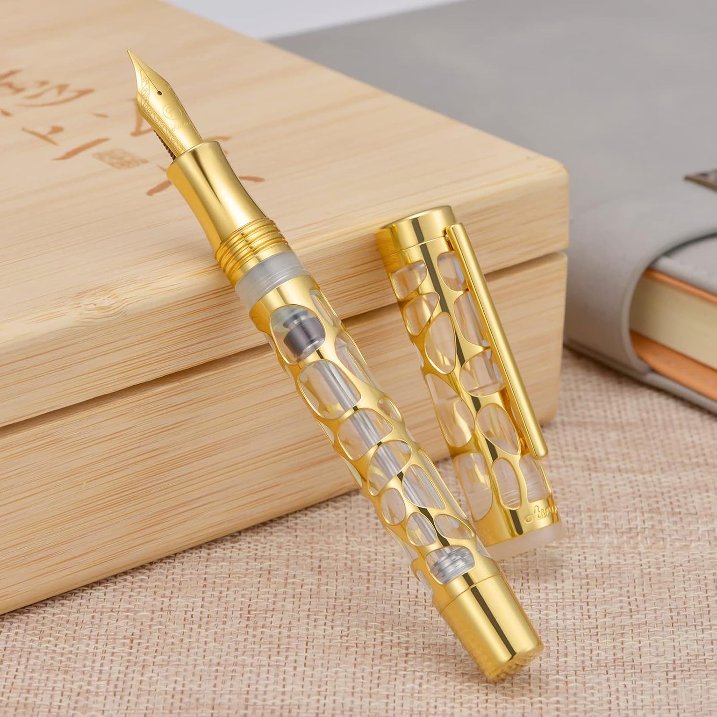 Asvine V169 Vacuum Filling Fountain Pen Fine Nib, Water Drop Skeleton Gold Trim Transparent Clear Acrylic Pen Case Set