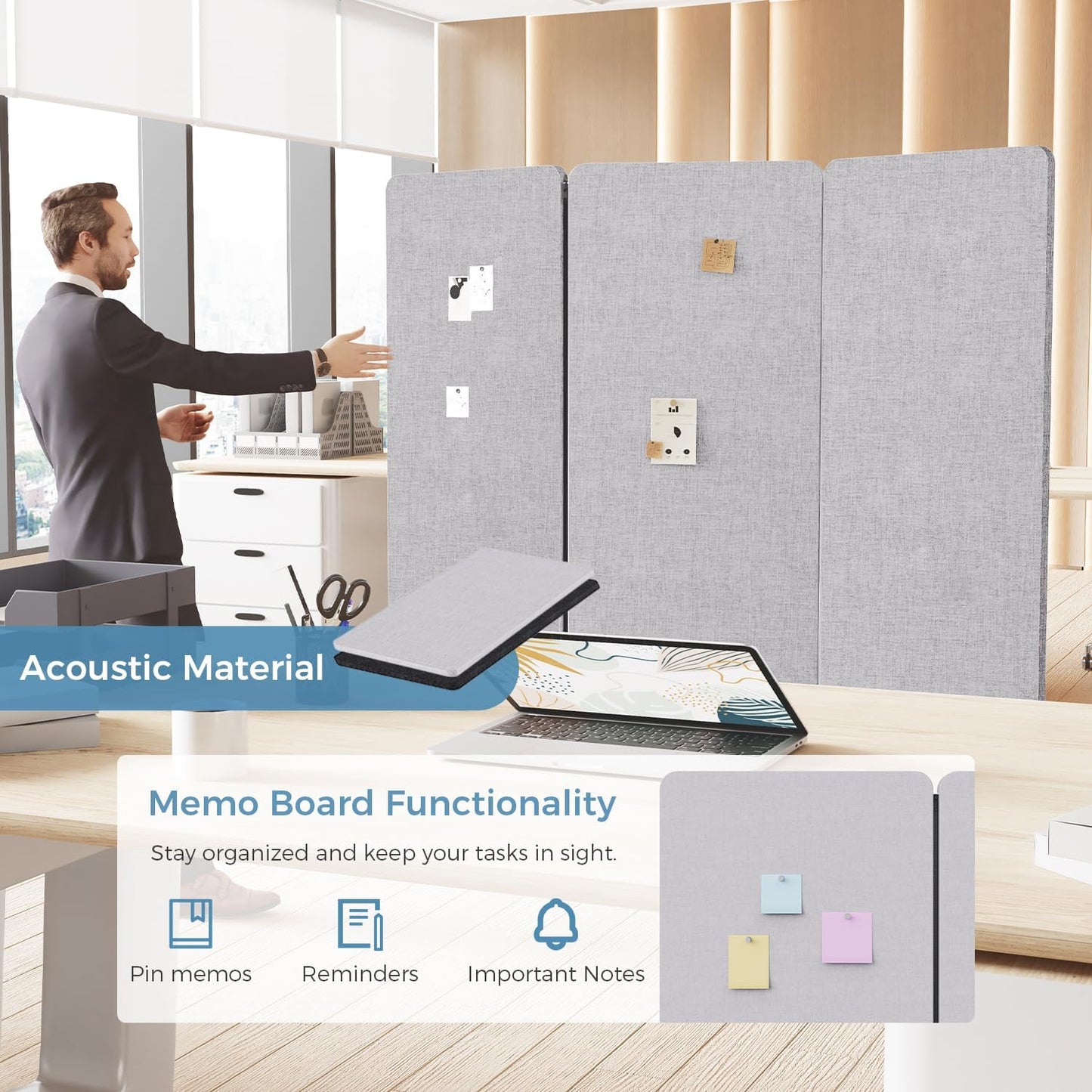 70.8" W x 63" H Freestanding Partition Room Dividers, Acoustic Panels with Wheels, 3 Soundproof Privacy Panels for Office, Reception Room, School, Hospital, Light Grey