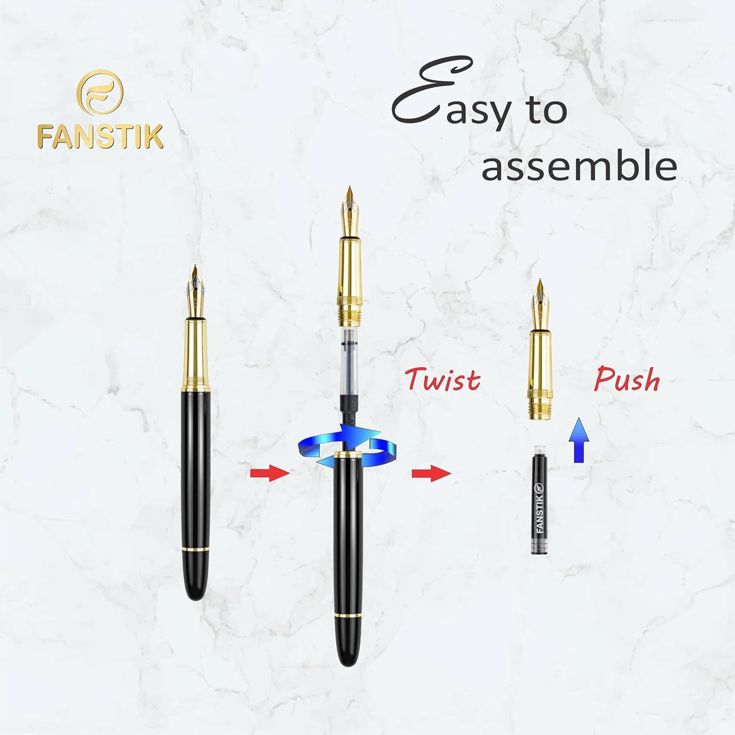 Customized Fountain pen with name (MADE IN USA), stainless steel, black and gold, luxury engraved pen personalized for men and for women. (Fountain Black-Gold)