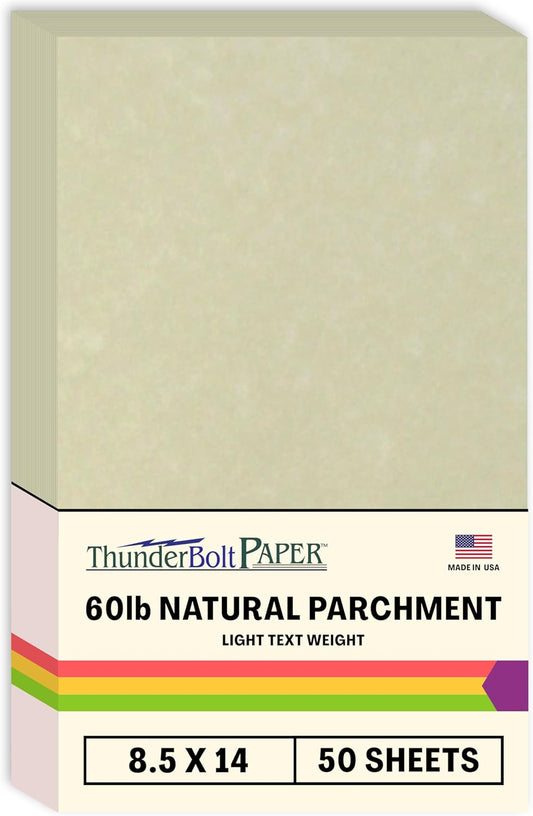 50 Natural Parchment 60# Text (=24# Bond) Paper Sheets - 8.5" X 14" (8.5X14 Inches) Legal|Menu Size - 60 Pound is Not Card Weight - Vintage Colored Old Parchment Semblance