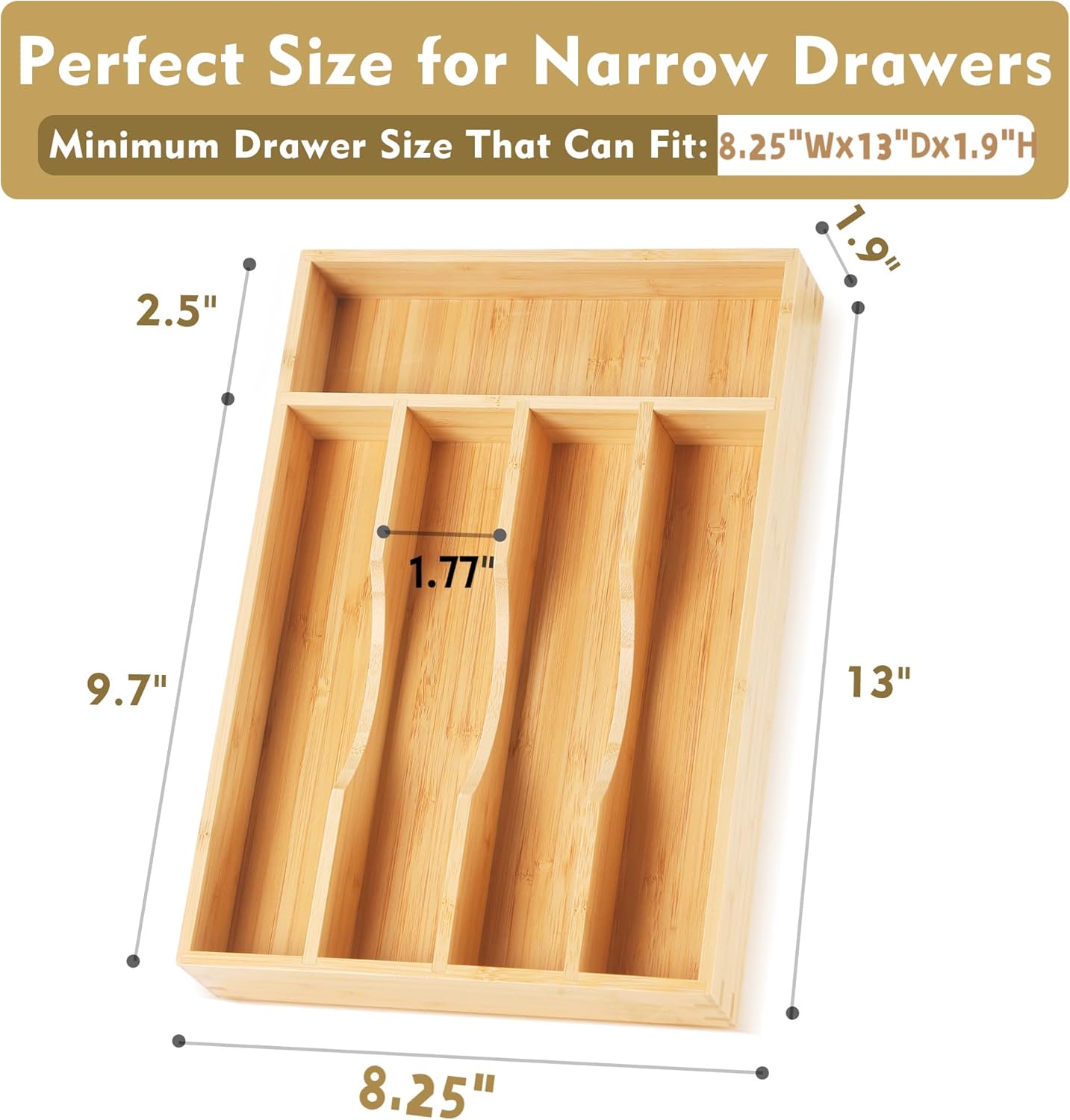 Bamboo Kitchen Drawer Organizer, 8.25 Inch Silverware Utensil Holder for Samll Drawer, Silverware Organizer for Cutlery Knives