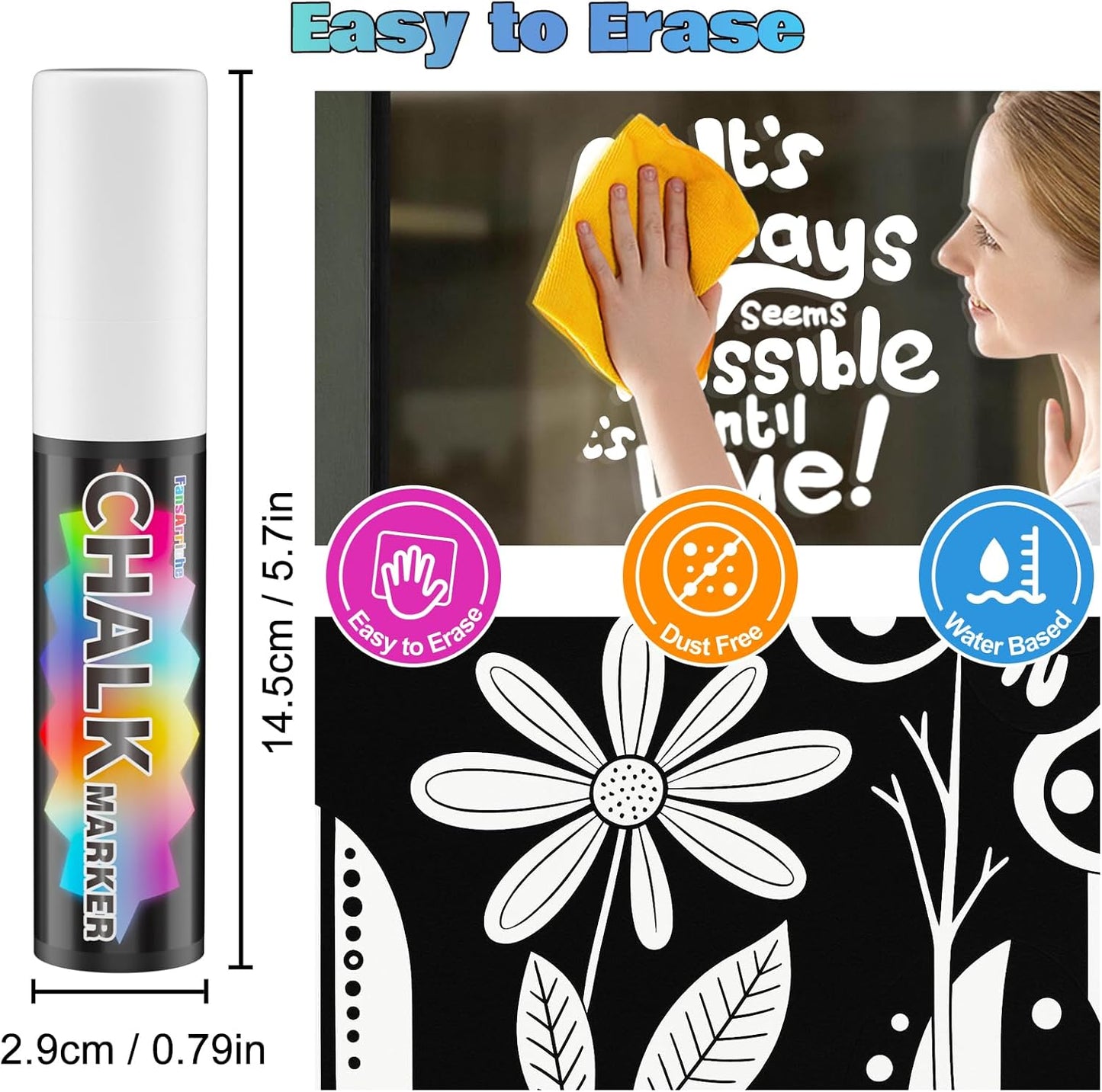 FansArriche White Chalk Markers, 15mm Jumbo Car Window Markers for Glass Washable, 4 Pack Liquid Chalk Marker Erasable for Chalkboard, Blackboard