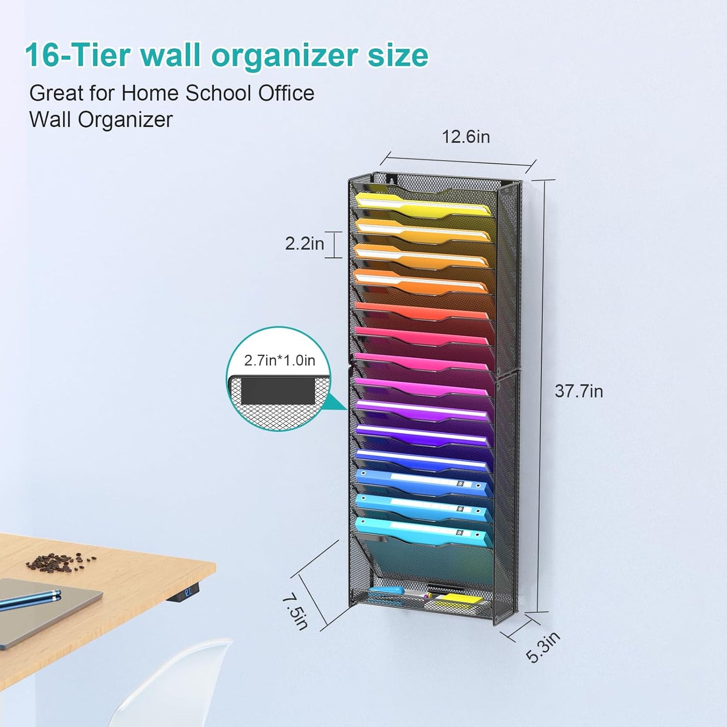 Wall File Organizer, 16-Tier Mesh File Holder, Vertical Document Rack For Home, School, and Office Use (Black)