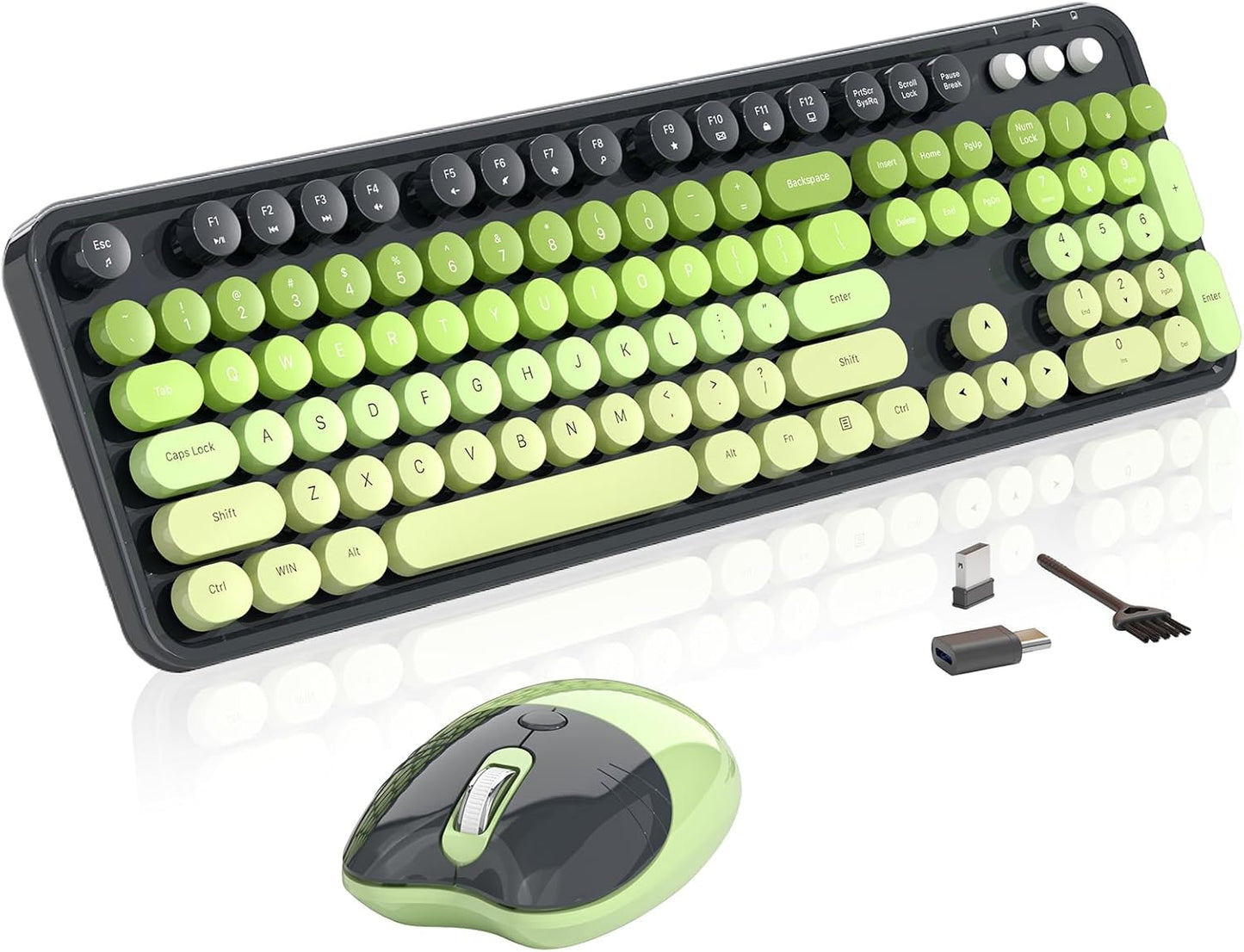 Wireless Keyboard and Mouse, MOFII 104 Round Keycaps Retro Typewriter with OTG & Brush, Full-Size Ergonomic, Ideal for Windows PC, Home, Office and College Gray Green