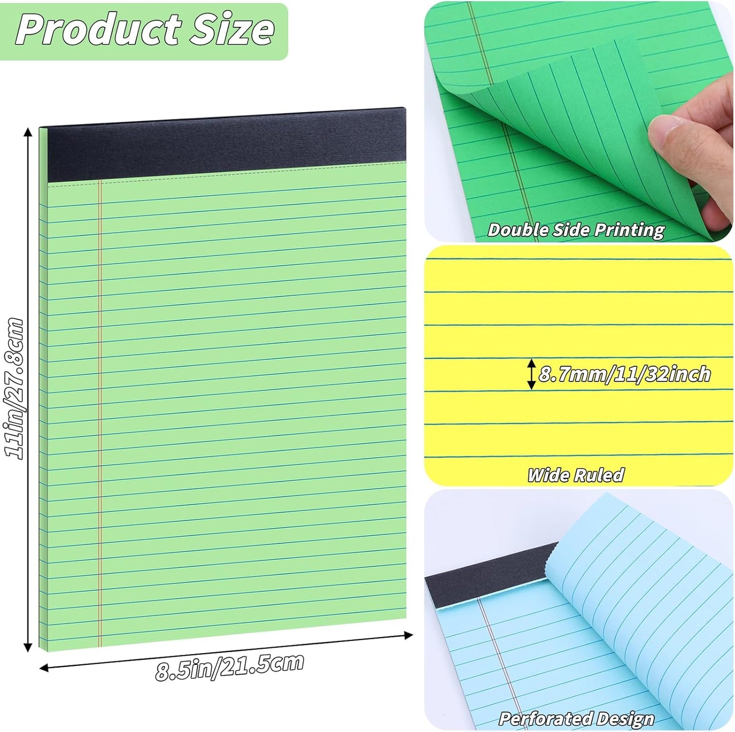 36 Pack Colored Legal Pads 8.5 x 11 Note Pads Wide Ruled Lined Paper 8 1/2 x 11 with Micro-Perforated Writing Notebook 30 Sheets per Pad, Notepad for School, Office & Home Supplies