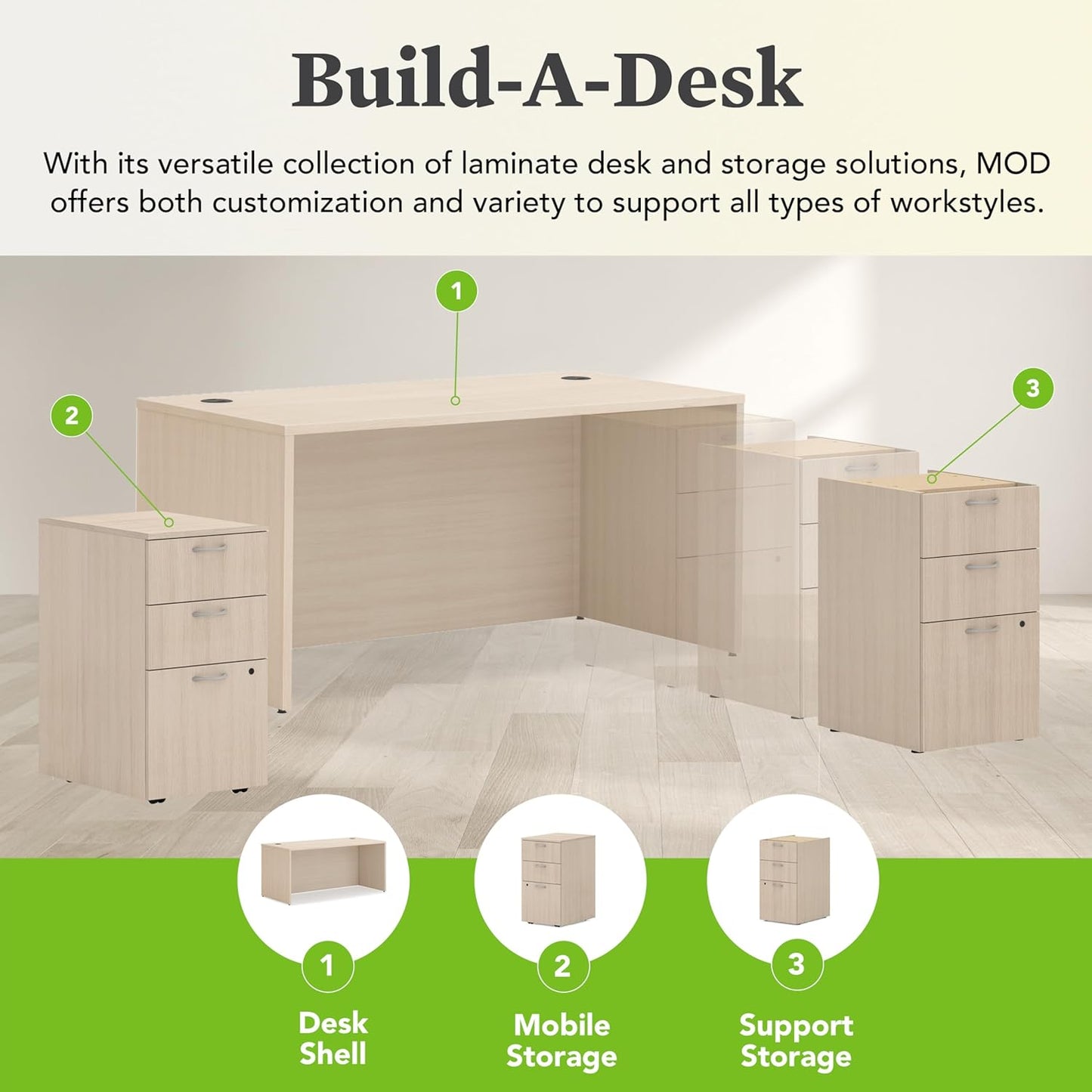HON MOD Executive Desk 66-Inch Large Computer Desk Shell, Thick Wooden Laminate, Modern Table with Cord Management, 66" W x 30" D x 29" H, Desert Oak