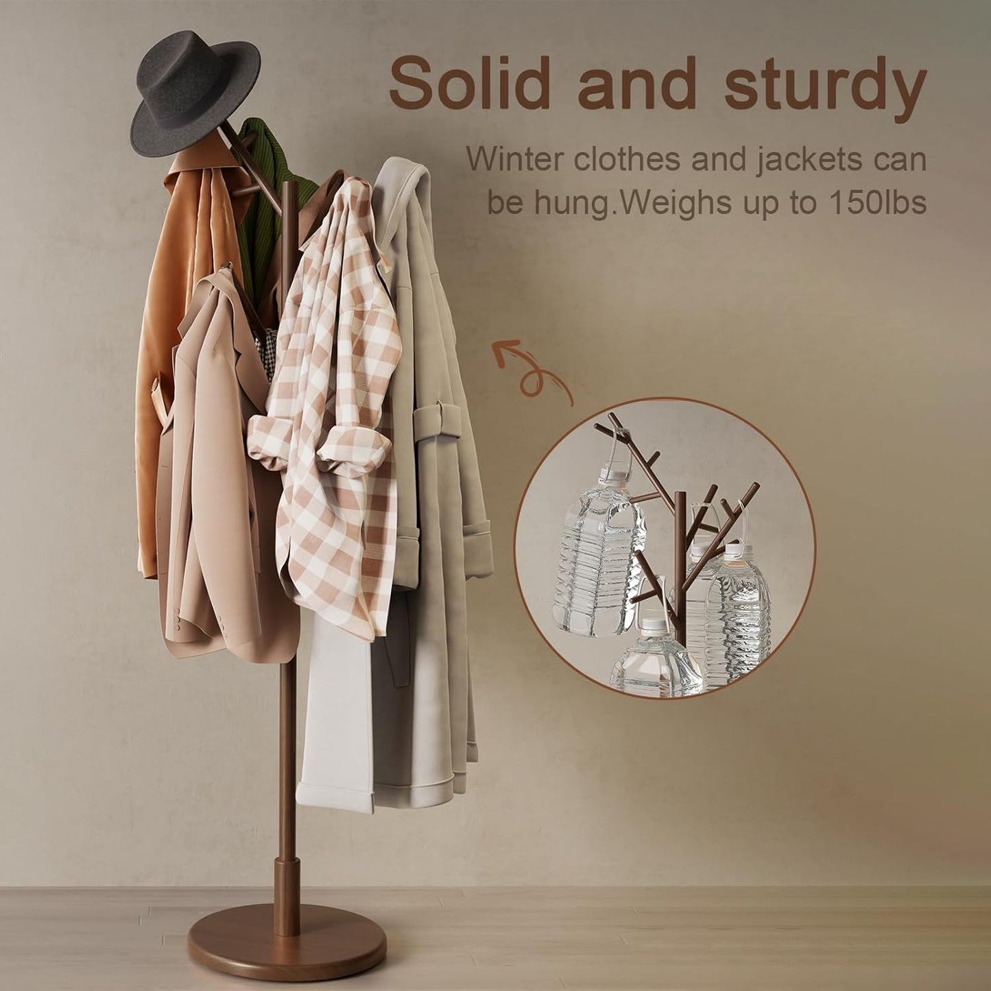 Coat Rack,Solid Wood Coat Rack Freestanding with 12 Hooks,Coat tree freestanding 3 Adjustable Heights for coat, Hats, Handbags，Coat Stand for Entryway,Bedroom (Walnut)