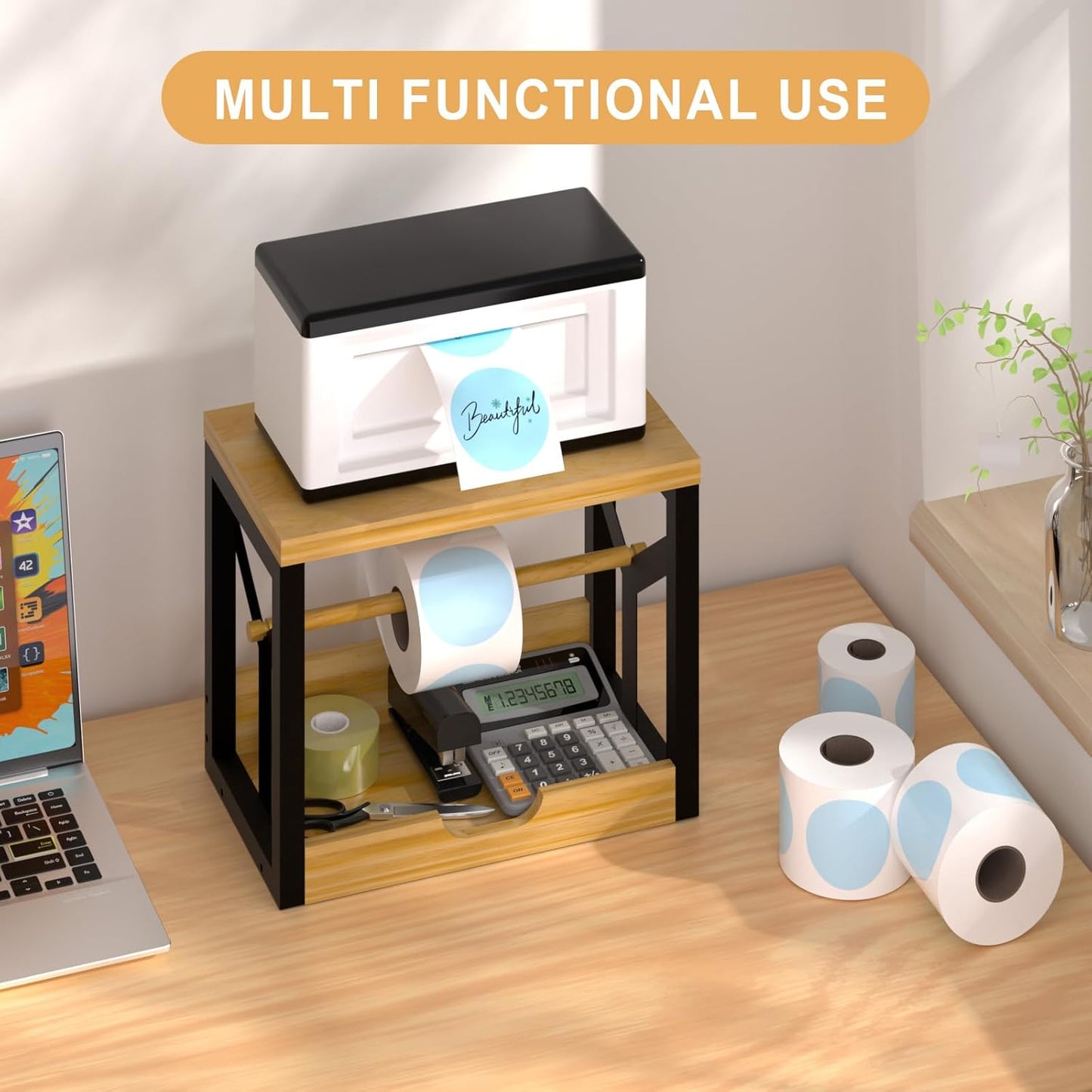 AO LI GEI Label Holder for Rolls and Fan-Fold Labels,Wooden Thermal Label Roll Holder for Shipping Label Stand Desktop Printer Holder for Home Office Accessory Sticker Dispenser