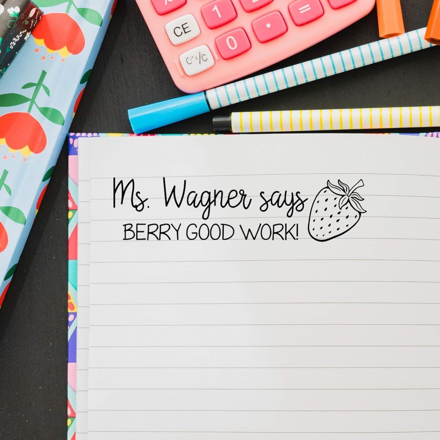Custom Berry Good Work Stamps | 49 Designs | Fun Teacher Phrases | Xtra Wide Self-Inking Grading & Classroom/Library Book Stamps