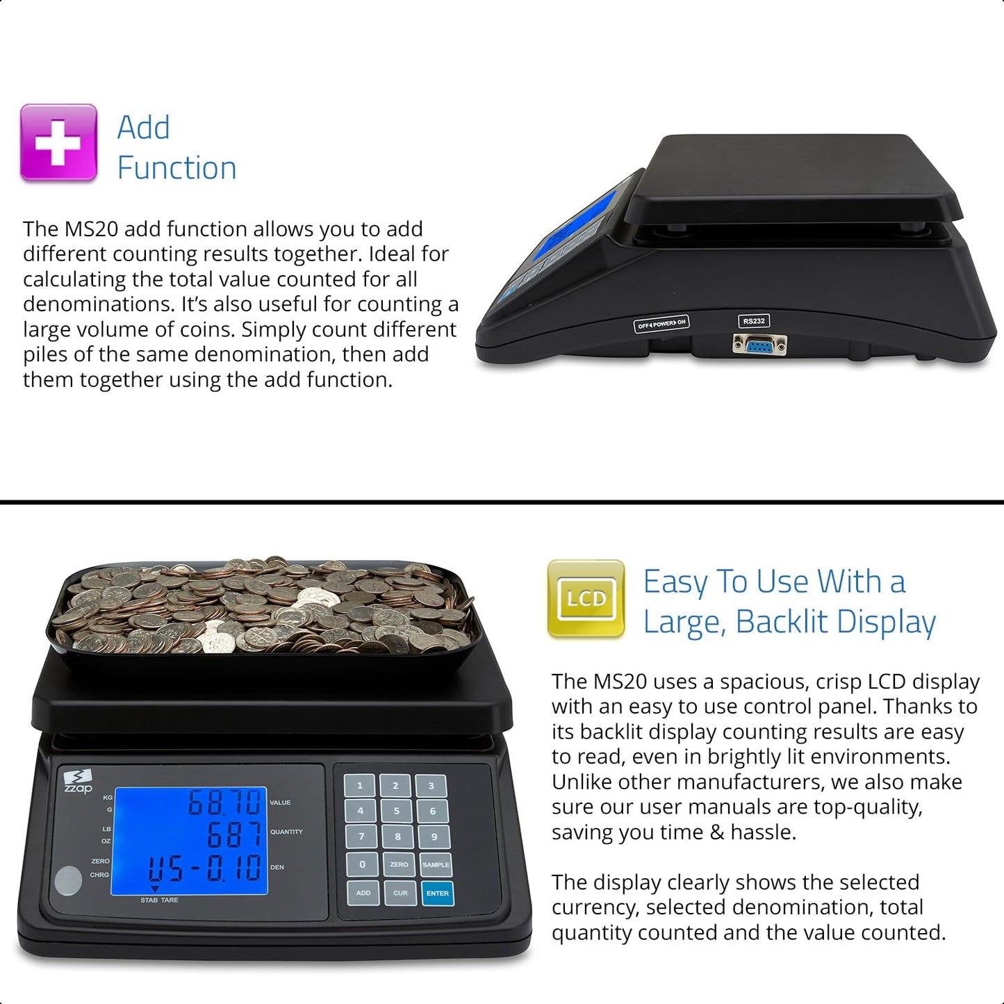 ZZap MS20 Coin Counting Scale - Money Cash Currency Weighing Machine