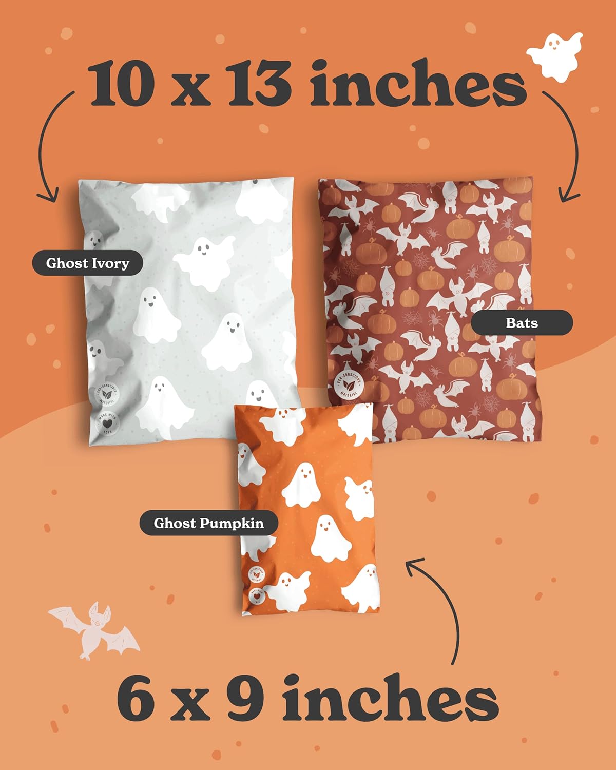 Impack Biodegradable Poly Mailers - Self Sealing Thick Envelopes - Water and Moisture Proof Book Mailers - Durable Material Packaging for Clothes & Accessories (Ghosts Pumpkin 25pack, 6x9 Inch)