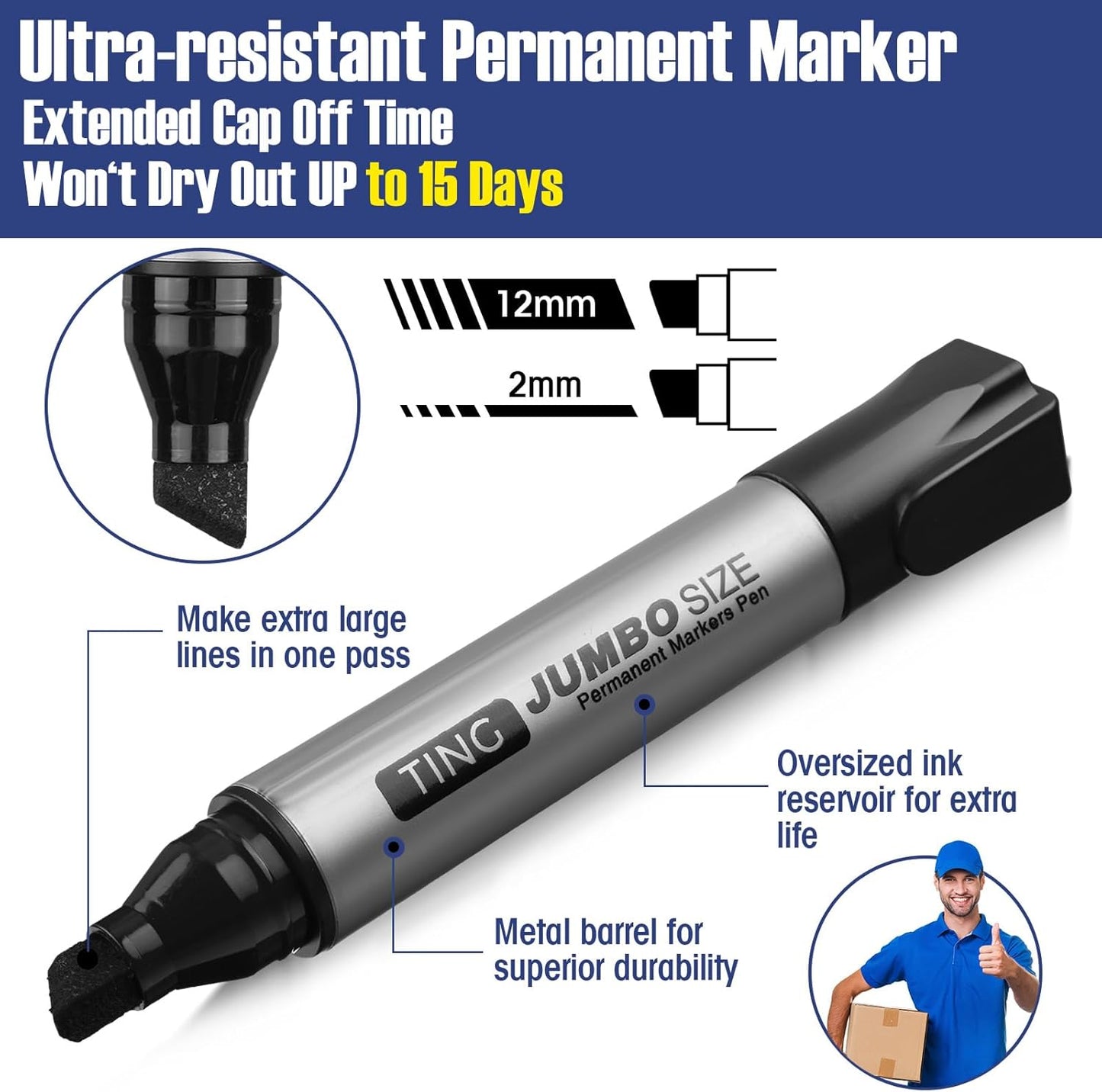 Fuutreo 10 Pack Jumbo Permanent Markers Bulk Large Chisel Tip Permanent Markers Quick Drying Waterproof Big Huge Poster Pens for Office, Logistics Company and More(Black)