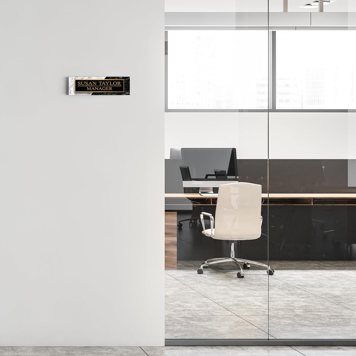 Artblox Personalized Office Desk Name Plate and Business Card Holder | Clear Acrylic Glass with Teak Wood Stand | Black White Marble Design Customized with Your Name and Credentials Office Desk Decor