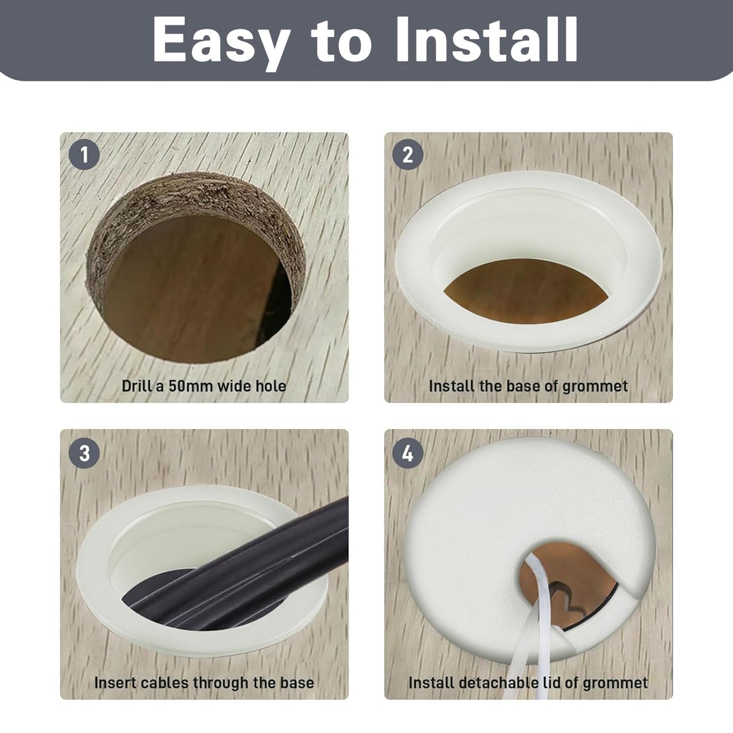 [6 Pack] Desk Grommet 1.5 inch(38mm) Sturdy ABS Plastic Desk Hole Cover for Cables Detachable Desk Hole Grommet for Organizing Home & Office Table Cables - White