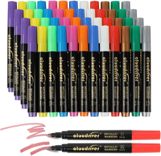 cloudriver Metallic Marker Pens, 48 Count, 12 Assorted Colors, Fine and Chisel Tip, Metallic Marker Pens For Black Paper, Art Rock Painting, Easter Egg, Card Making, Scrapbook Crafts