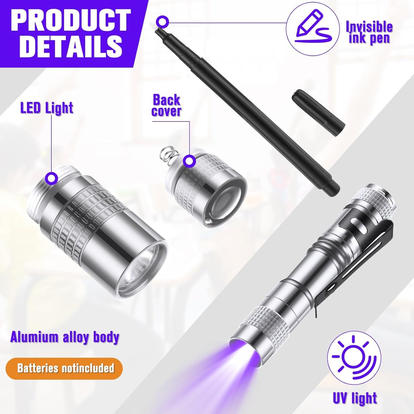 Tegeme 8 Pcs Black Light Markers Set 4 Invisible Ink Pen 4 Mini UV Flashlights Invisible Ink Marker Disappearing Pen for Class Prizes Spy Gift Party Favors(Silver and Black)