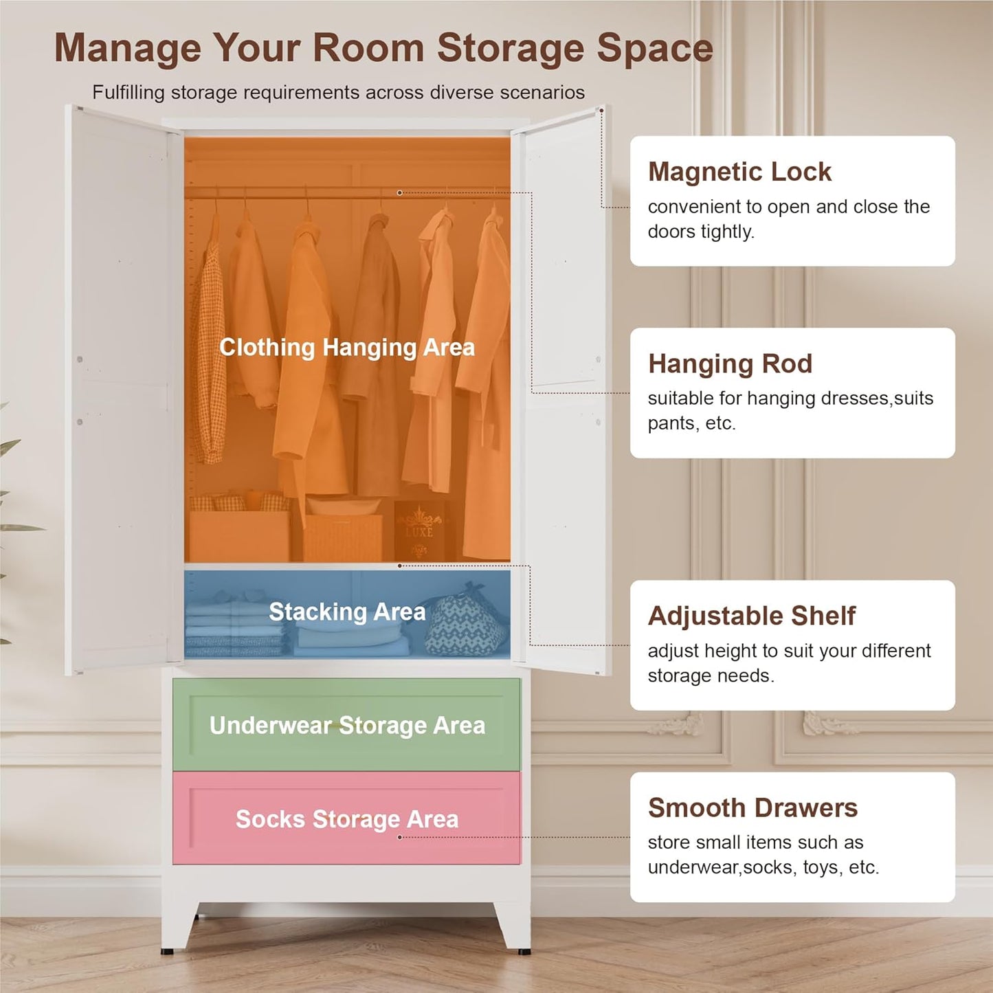 71" Tall Metal Wardrobe Cabinet with 2 Drawers and Hanging Rod, 2 Doors Armoire Wardrobe Closet with Shelf for Bedroom, Office, Laundry Room, White