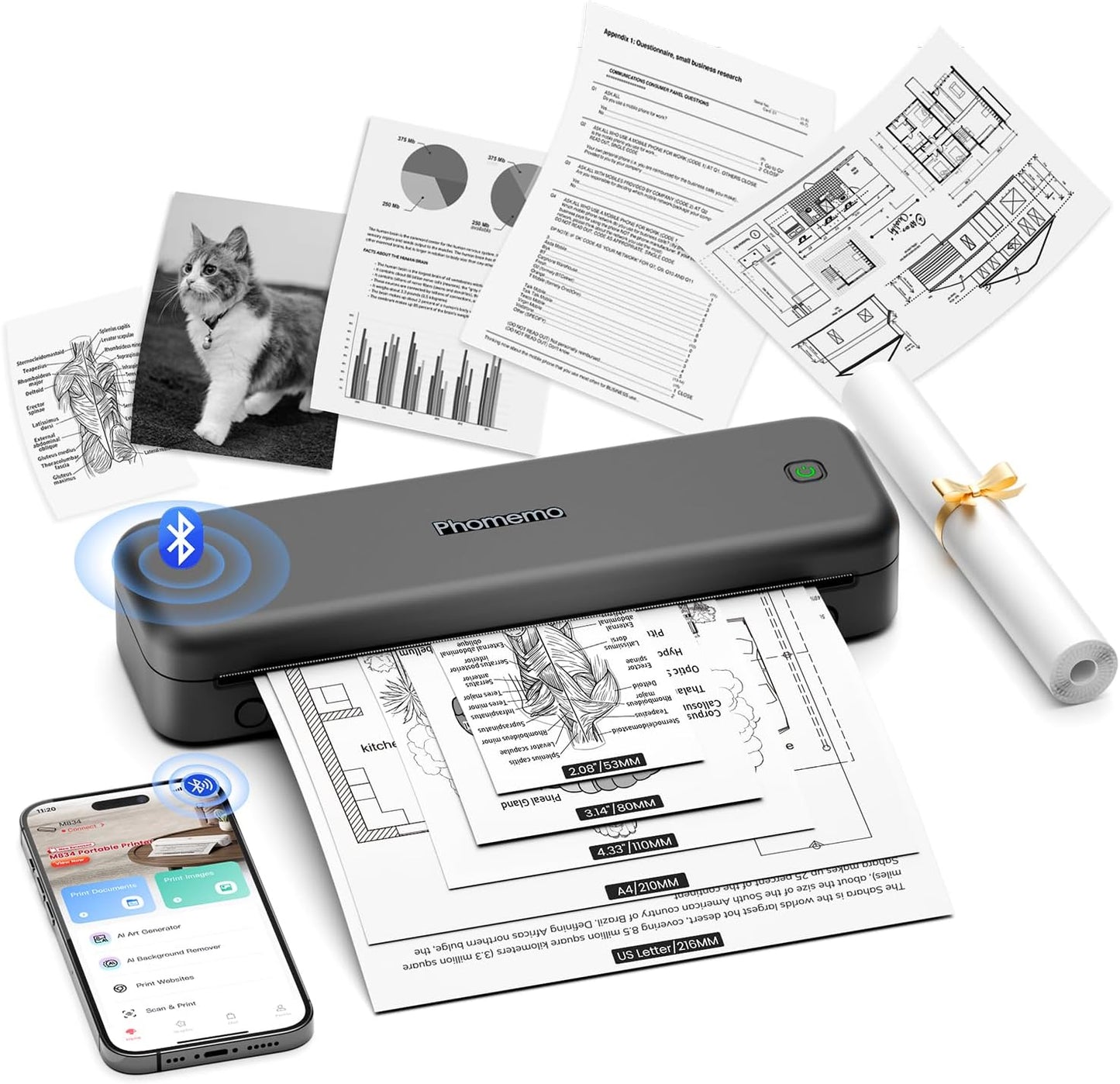 Phomemo M834 Portable Printer Wireless for Travel, Bluetooth Thermal Printer 8.5" x 11"&A4, Compatible with iOS,Android & PC,Inkless Mobile Printers for Travel,Office,School,Home,Gray