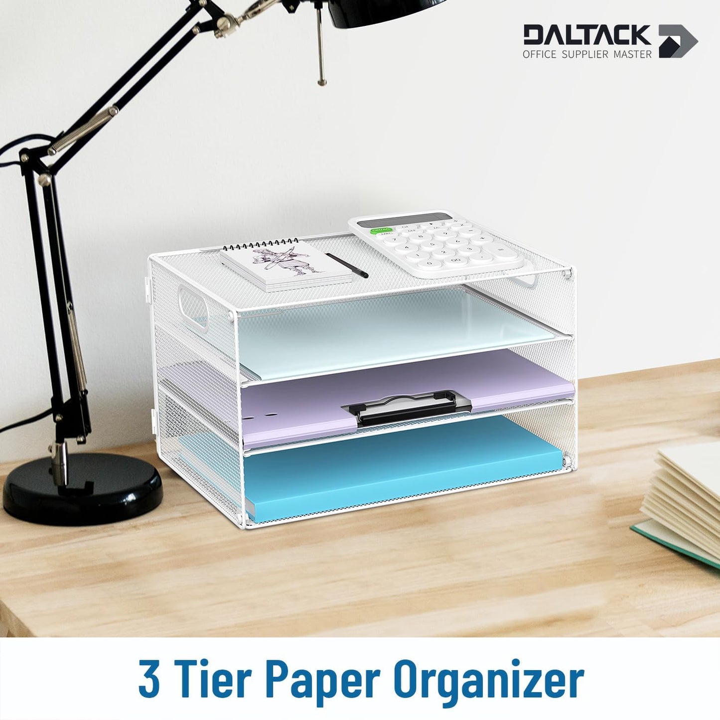 DALTACK 3 Tier Letter Tray Paper Organizer with Handle, Mesh Desk File Organizer, Paper Tray Desk Organizer for School Office Home, Metal Mesh, White