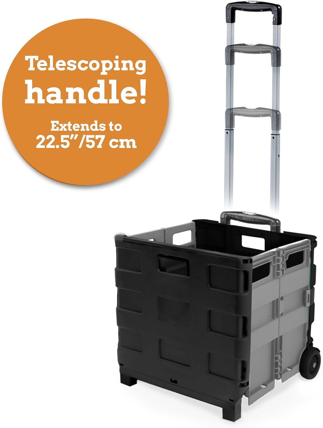 Inspired Living Ultra-Slim Rolling Collapsible Storage Pack-N-Roll Utility-carts, with Telescopic Handle, for Home, Garden, Shopping, Office, School use, Medium, Grey & Black