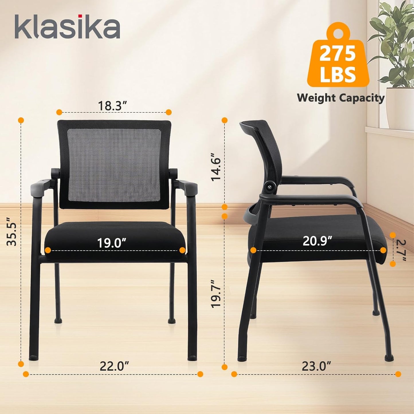 Desk Chair No Wheels with Adjustable Mesh Backrest, Arm Chair with Ergonomic Lumbar Support and Thickened Seats Cushion, Waiting Room Chairs for Office School Church Guest Reception, 2PACK