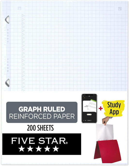 Five Star Loose Leaf Paper + Study App, Graph Ruled Filler Notebook Paper, Reinforced, Fights Ink Bleed, 8-1/2" x 11", 200 Sheets (170055-ECM)