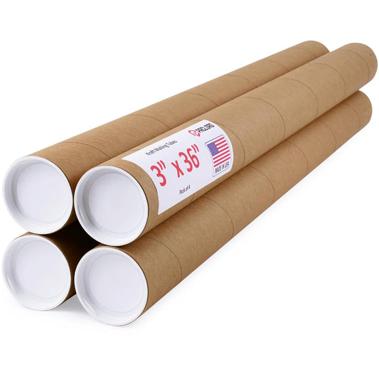 3" x 36" Reinforced Kraft Paper Mailing Tubes, Pack of 4 Tubes with 2 Caps Each – USPS Approved Poster Tube – Made in USA Cardboard Tube for Shipping and Storing Posters, Prints, Artwork, or Documents